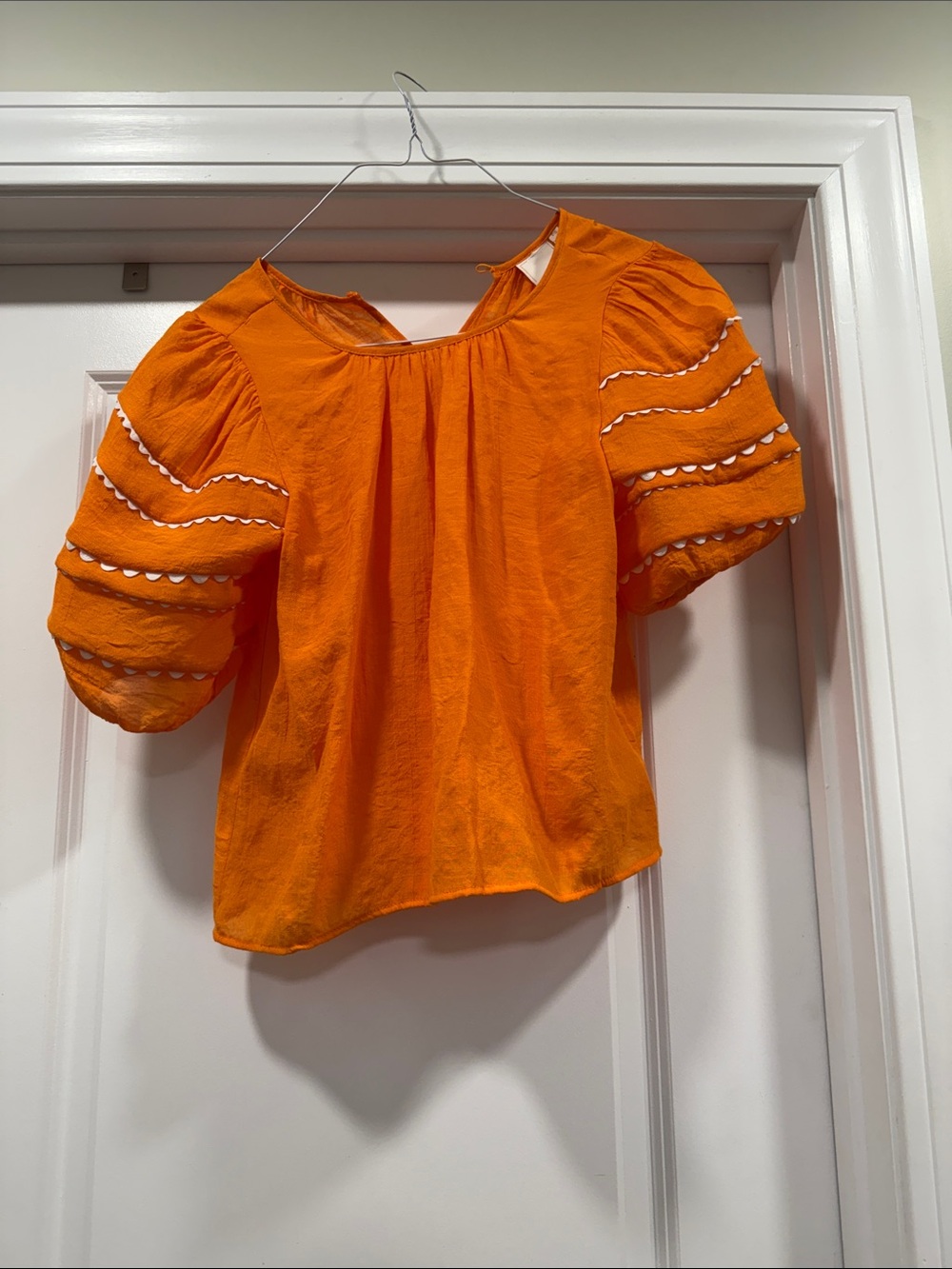 Bright Orange Puff Sleeve Blouse with Eyelet Trim